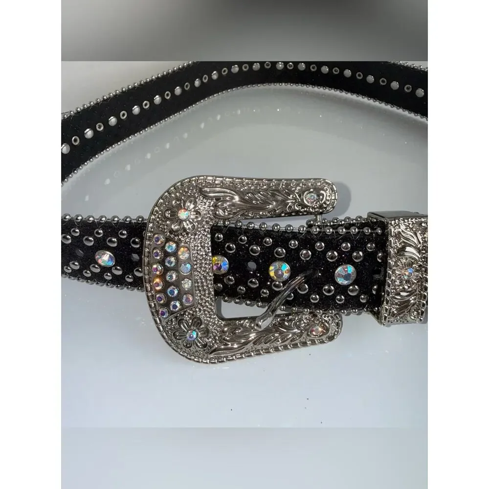 VINTAGE Y2K Black Rhinestone Western Cowgirl Rodeo Belt with Silver Buckle 36 in